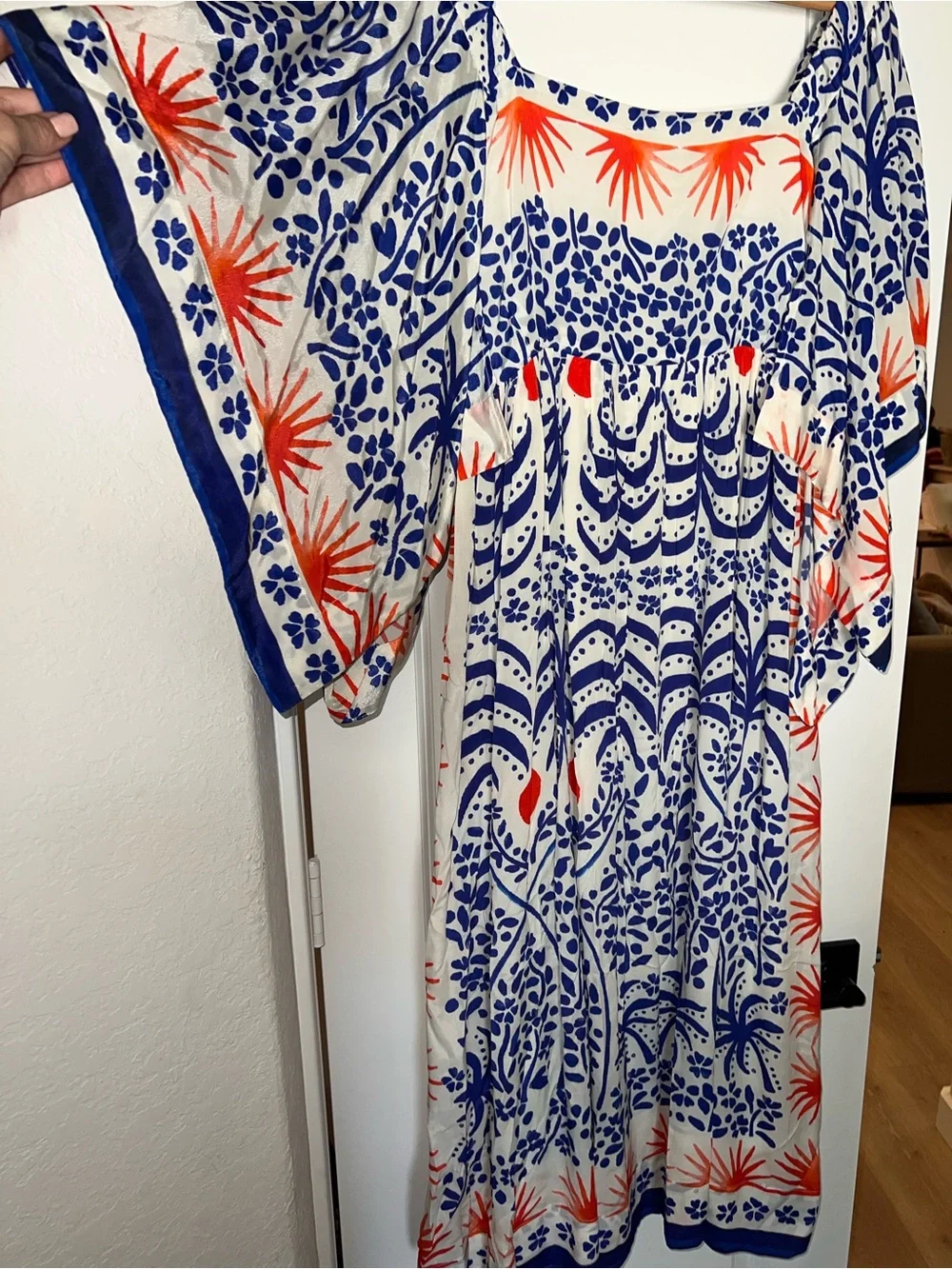 FARM Rio Cream Midi Dress with Blue Floral and Orange Accents - Picture 3 of 6